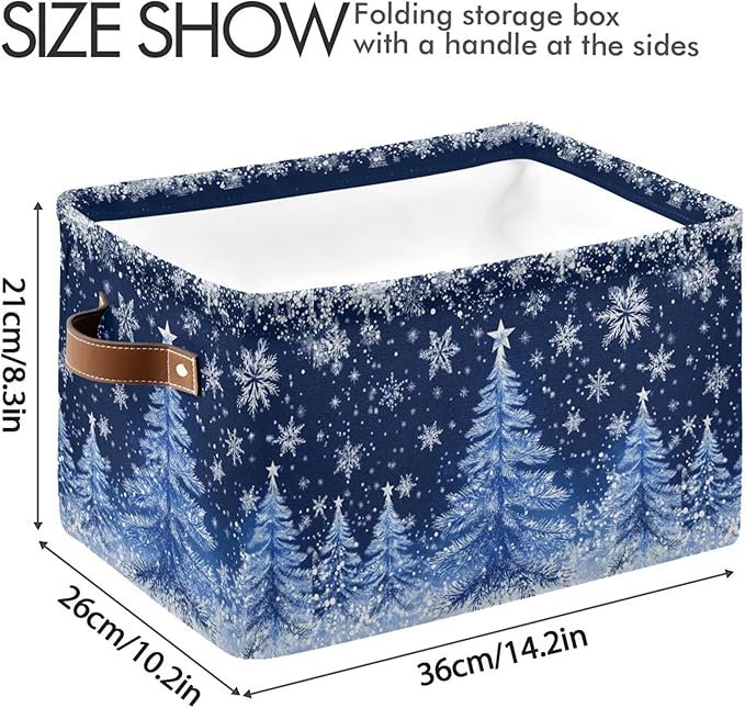 Blue Christmas Tree Storage Basket with Waterproof Liner and PU Handles Sliver Winter Snowflake Xmas Storage Boxes 14.2" Collapsible Decorative Organizer Baskets for Bedroom Closet Office 1 Pack