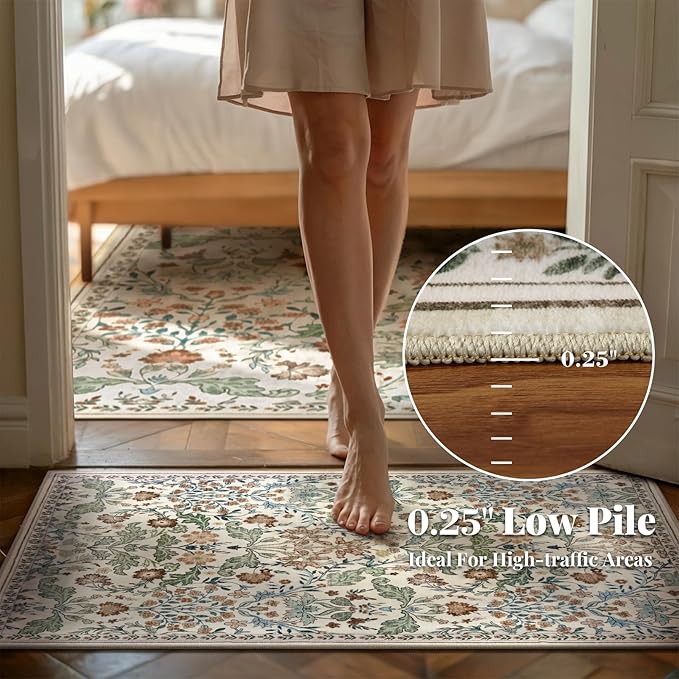 Floral Entryway Washable Rug: 2x3 Soft Low Pile Thin Indoor Front Door Mat, Non Slip Stain Resistant Vintage Flower Boho Accent Small Rugs for Bedroom, Kitchen, Bathroom, Nursery Entrance - Beige
