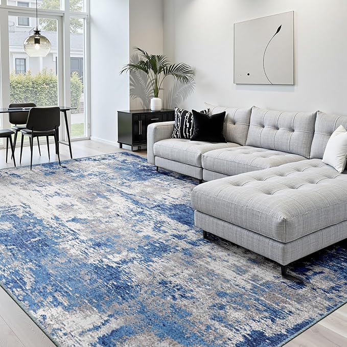 Washable Area Rugs 9'x12' Non-Slip Modern Abstract Soft for Living Room Entryway Bedroom, Print Pattern, Blue Grey Navy Gray