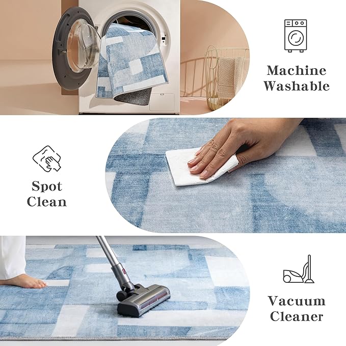 8X10 Area Rugs Modern Abstract Large Carpet for Living Room Bedroom Dining Room Office Nursery, Non Slip Washable Blue Rugs 8X10 Geometric Pattern Thin 8 by 10 Indoor Home Decor Pet & Child Friendly