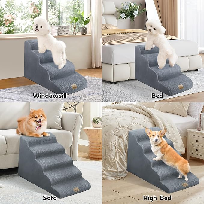 Mestuel Dogs Stairs for High Bed, 23in Foam Dog Stairs Steps for Large Dogs, Large Pet Stairs, 5 Steps Dog Ramp to High Couch Sofa Bed Indoor with Gentle Slope& Nonslip Bottom, Gray