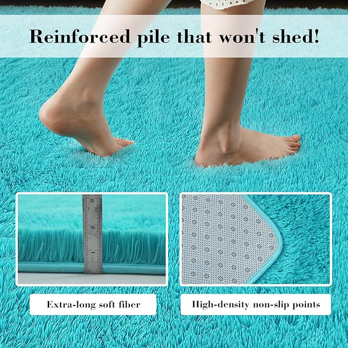 Teal Blue Rug Fluffy Rugs, 2x4 Teal Area Rugs for Bedroom, Soft Cute Baby Play Mat, Indoor Floor Carpet for Teen, Nursery, Preppy Dorm, Plush Aesthetic Bedside Rug