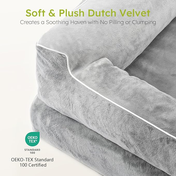 Extra Large Dog Bed, Orthopedic Dog Bed with Cooling Gel Memory Foam, Waterproof XL Pet Bed with Removable Washable Cover, 42" Pet Sofa Couch Dutch Velvet with Bone Toy, Light Gray