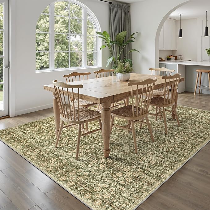 DCX 8x10 Neutral Rug, Kid & Pet Friendly with Rubber Back Non Slip, Machine Washable Stain Resistant Olive Green Floral Rug for Living Room, Bedroom, Soft Low Pile Large Nursery Carpet