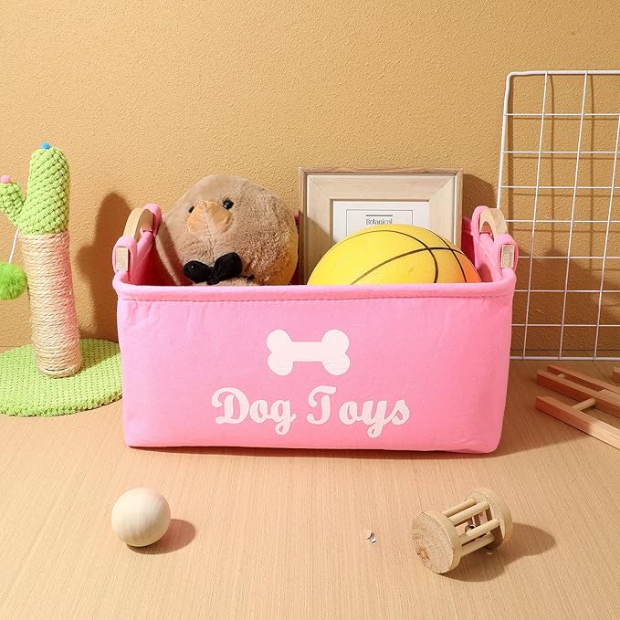 Pet Toy Storage Box Felt Organizer with Wooden Handles 15.35 Inch Square Container for Household Pet Toy Collection and Sundries Storage