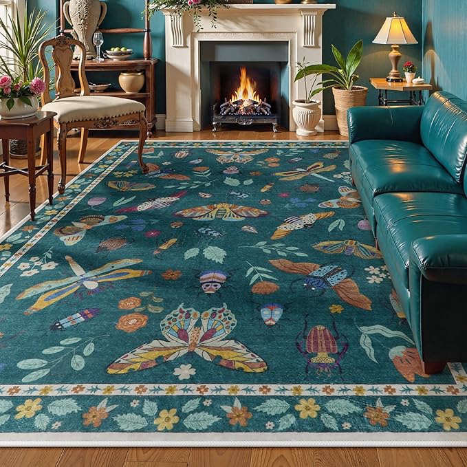 Lahome Insect 9x12 Area Rugs for Living Room Bedroom, Soft Washable Rugs 9x12 Stain Resistant, Ultra-Thin Non-Slip Non-Shedding Accent Carpet for Dining Room Office, Dark Green