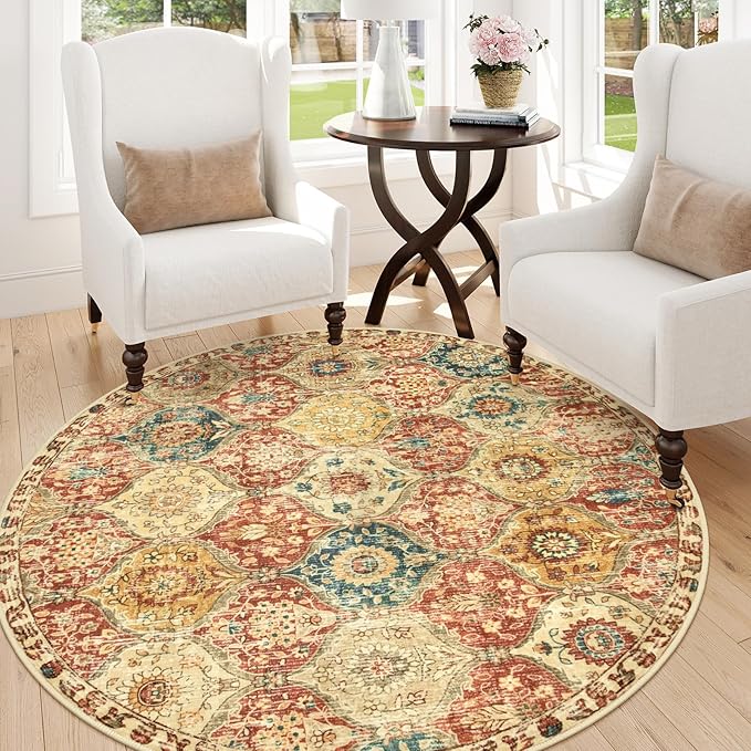Lahome Moroccan Trellis Washable Round Rugs, Non-Slip Soft Round Rug 4ft Ultra-Thin, Small Vintage Circle Carpet for Entryway Kitchen Bedroom Nursery Bathroom, Red/Orange