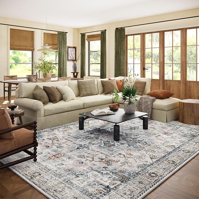 10x12 Area Rugs for Living Room: Large Area Rug Washable Stain Resistant Non Slip Distressed Vintage Low Pile Faux Wool Soft Rugs for Bedroom Farmhouse Dining Room Kids Playroom Nursery