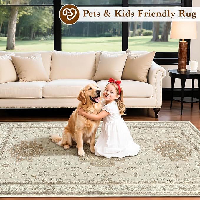 LBRO2M Vintage Washable Rugs 10X14 Area Rug for Living Room for Bedroom Dining Room Non Slip Farmhouse Rugs Easy Clean, Stain Resistant Carpet Great for Pets and Kids (10'X14' Beige)