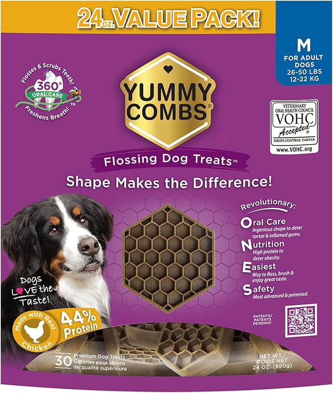 Yummy Combs Dog Dental Treats – Vet VOHC Approved – Delicious Chicken Protein – Removes Tartar with Cleaning Comb Shape – Dental Dog Treats for Medium Dogs (24oz, 30 Count)