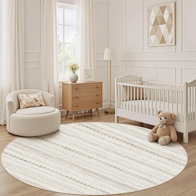Nakagishi Round Rug Boho Area Rugs: 8x8 Washable Large Circle Neutral Soft Stain Resistant Non-Slip Carpet for Women Aged 25-45 Farmhouse Decor Enthusiasts - Living Room Bedroom Dining Room Nursery