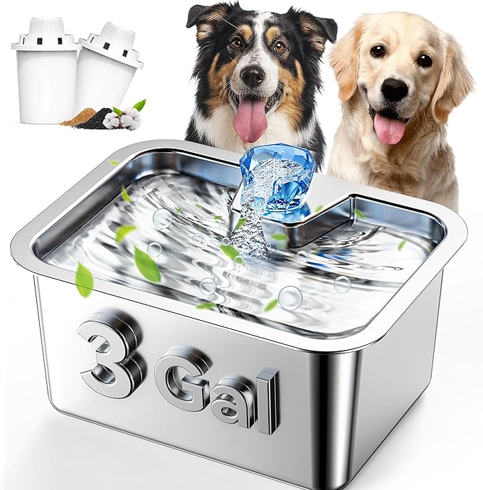 Stainless Steel Water Fountain for Large Dogs 3-Gallon Extra-Large Capacity Pet Water Dispenser Multi-Pet Compatible Drinking Bowl Easy to Clean Quiet Pump Design