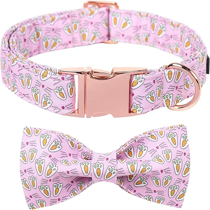 Maca Bates Rabbit Foot Dog Collar with Fancy Bow Tie for Extra Large Girl Boy Dogs, Pink Bunny Pattern,Adjustable Durable Soft Breakaway Collars Easter Day Gift for Male Female Puppy