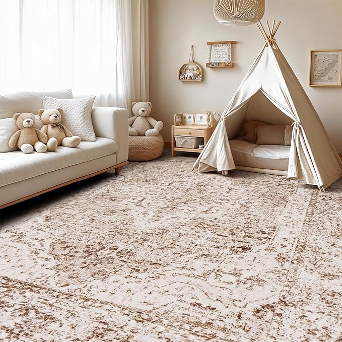 Lofus 5x7 Area Rugs for Living Room, Washable Area Rug, Rugs for Bedroom, Kitchen, Vintage Boho Carpet, Soft Non-Slip, Low Pile Large Area Rug for Office Dining Room, Vintage Beige Brown