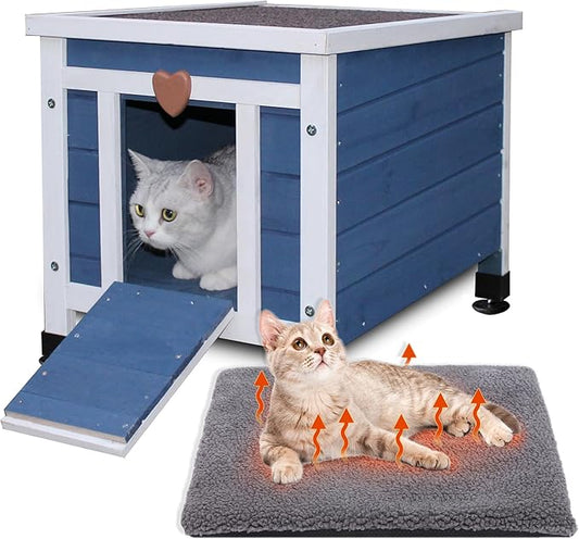 Rockever Outdoor Cat House,Outdoor cat Houses for Feral Cats Weatherproof Rabbit Hutch Small, Wooden Small Pet House and Habitats (Modern, Blue+with Mat)