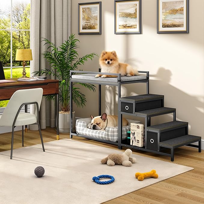 Pet Bunk Bed with Stairs and Storage, Dog Beds Attachment to Human Bed, Bedside Dogs Cot for Small, Medium Cats & Dogs, Pet Window Perch (Grey)