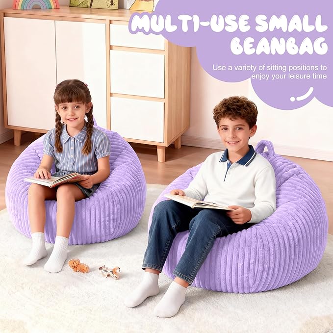 Homguava 2Pcs of 2FT Bean Bag Chair, 2' Small Bean Bags with Memory Foam Filled, Beanbag Chairs with Machine Washable Cover Dutch Corded Plush Cover for Classroom,Living Room,Bedroom-Purple
