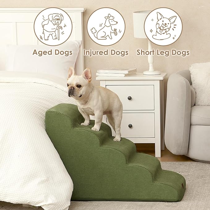 EHEYCIGA Curved Dog Stairs Ramp for High Beds 22.6" H, 5-Step Dog Steps for Small Dogs and Cats, Pet Stairs for High Bed Climbing, Non-Slip Balanced Pet Step Indoor, Olive Green