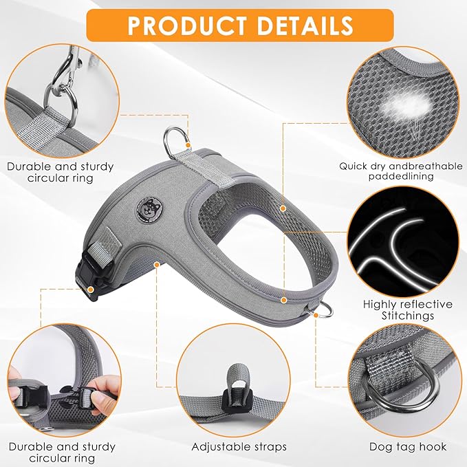 Dog Harness and Leash Set, No Pull Saddle Style Pet Harness, Breathable Mesh Adjustable Reflective Dog Vest for Dogs and Cat Medium Small Harness 2 D-Rings (Grey, M)