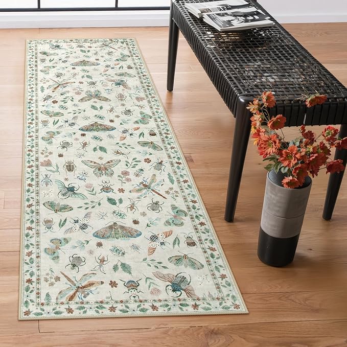 Lahome Insect Kitchen Runner Rugs Non Skid Washable, 2x6 Soft Washable Runner Non Slip, Ultra-Thin Hallway Rug Stain Resistant Carpet for ?랰aundry Bathroom Bedroom(2x6ft,Beige)