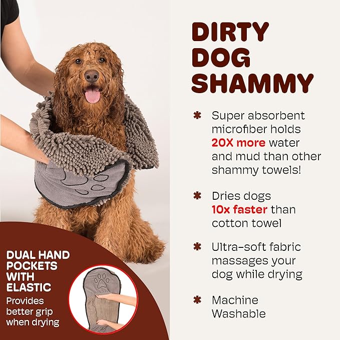 Dog Gone Smart The Dirty Dog Shammy - Fast Drying Plush Shammy Towel with Dual Hand Pockets and Elastic - Super Absorbent Microfiber and Machine Washable - 31×13 in, Grey