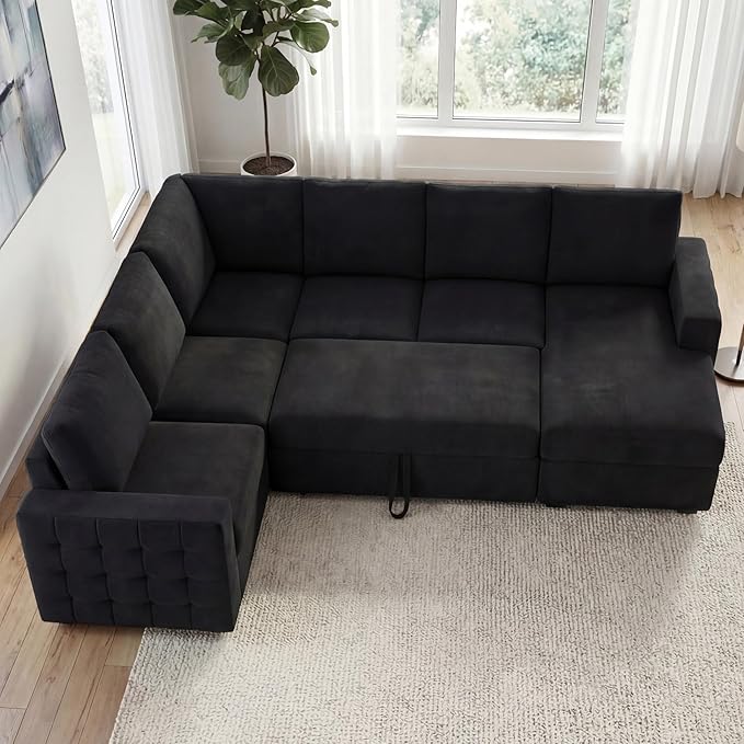 HONBAY Sectional Sleeper Sofa with Pull-Out Bed Storage Chaise,Modular Couch for Living Room, Black