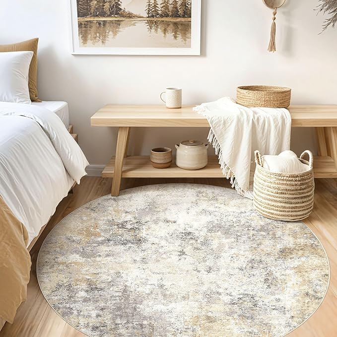 5ft Round Area Rug Living Room Rugs - 5x5 Washable Neutral Modern Abstract Soft Thin Rug Indoor Floor No Slip Rug Carpet for Bedroom Under Dining Table Home Office Decor - Golden Grey