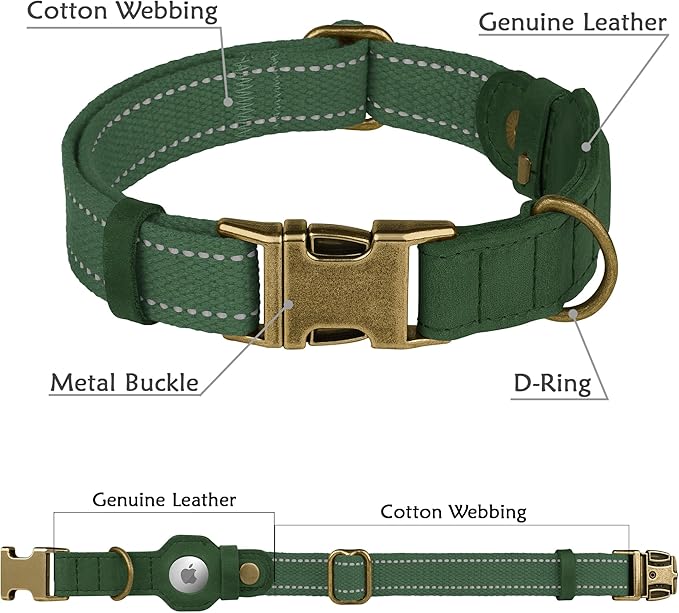 Reflective Leather Dog Collar with AirTag Holder - Soft Apple Airtag Dog Collar with Metal Buckle - Safety Cotton Pet Collars for Dogs Small Large Dogs Puppy (Hunter Green, M, 14"-18")