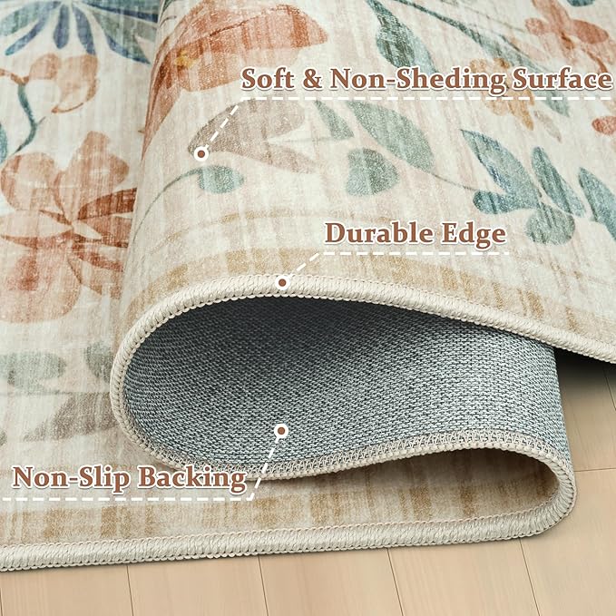 Area Rugs 9x12 Living Room: Lagre Boho Living Room Rug Soft Non-Slip Thin Carpet Indoor Floor Non-Shedding Neutral Floral Carpets for Bedroom Dining Room Farmhouse Nursery Beige