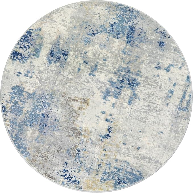 Lahome Modern Abstract Round Rug - 6Ft Large Blue Living Room Rug Washable 6x6 Circle Rugs for Bedroom Dining Room, Contemporary Indoor Office Carpet for Entryway Kitchen Table Home Nursery