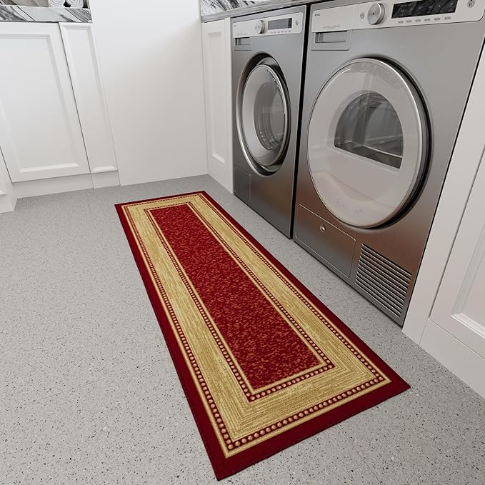 Ottomanson Hallway Runner Rug 20" x 53" Non Slip Border Area Rugs Easy to Clean Laundry Rug Runner Durable & Pet Friendly Floor Carpet Runners for Hallways Entryway Living Room Kitchen Bathroom, Red