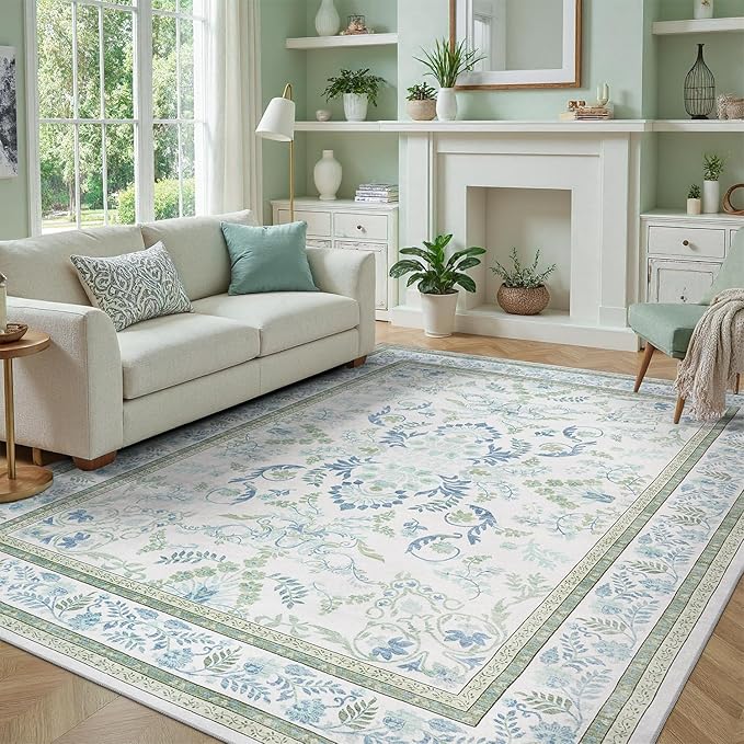 DCX Area Rug 6x9 Botanical Floral Washable Rugs in Green and Blue Soft Non Slip Low Pile Stain Resistant Carpet for High-Traffic Areas Bedroom Kitchen Entryway