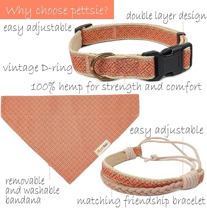 Pettsie Dog Bandana Collar with Matching Friendship Bracelet – Adjustable, Durable Hemp & Soft Cotton, Stylish & Comfortable Pet Bandana, Designed for Dog Lovers, Large, Orange