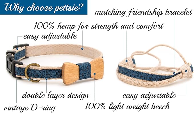 Pettsie Adjustable Dog Bow Tie Collar with Matching Owner Friendship Bracelet – Stylish & Durable Pet Accessory, Soft Hemp & Cotton, Secure D-Ring, Gift-Ready Set, Small, Blue
