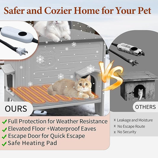 Deblue Heated Cat House for Outside Weatherpoof Plastic Cats Houses Outdoor with Escape Door Indoor Waterproof Feral/Pet Cat Shelter for Puppy, Rabbit(Grey)