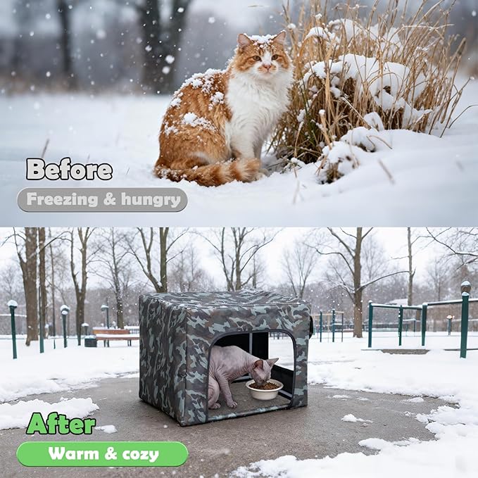 Outdoor Cat House Weatherproof Feeding Station for Food & Water,Large Clawsable Cat Houses for Outdoor Cats,Waterproof Kitty Dining Room Cats Shelter for Stray,Feral & Community Cats (Green)