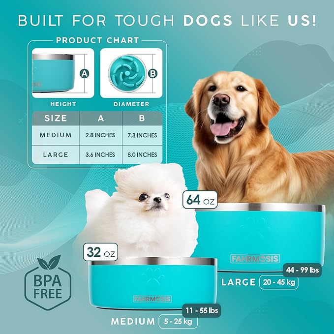 32 Oz Dog Bowl with Slow Feeder Insert Stainless Steel Pet Water Bowl for Medium & Large Breed Non Slip Rubber Base & Plastic Puzzle Feeder - Teal