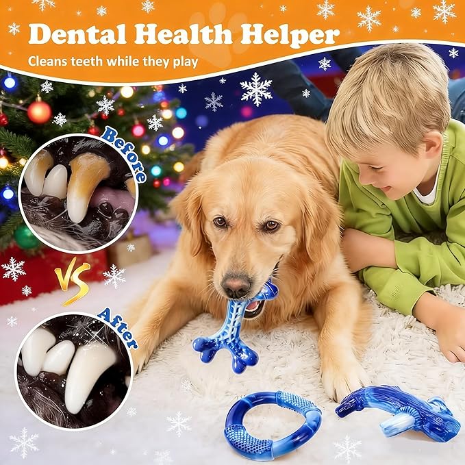 Furdog 3Pack Dog Toys for Aggressive Chewers Dog Chew Toy Tough Dog Toys to Keep Them Busy Bacon Flavor Teething Chew Toys & Dental Health for Large Medium Small Breeds (Blue)