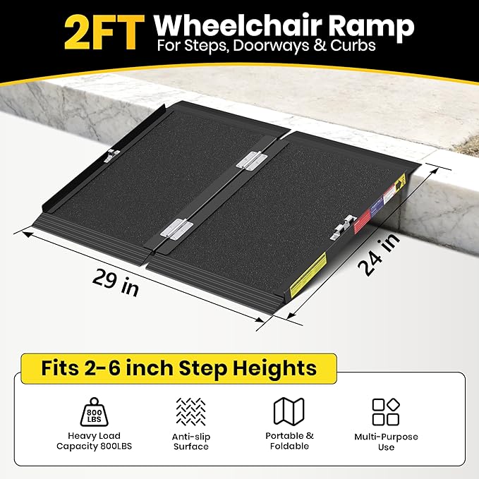 2FT Portable Wheelchair Ramp with Quick-Lock, Black Seamless Non-Slip Aluminum Folding Handicap Ramp,Threshold Ramp for Doorways, Wheel Chair Ramp for Home Steps, Loading Dock Plates