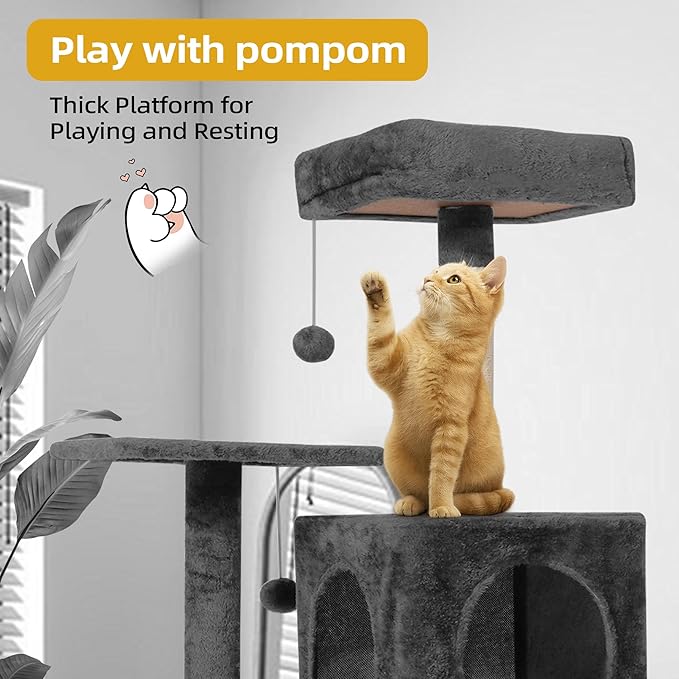 Cat Tree 54-Inch Cat Tower with Padded Plush Perch 2 Comfy Caves, Scratching Posts, Basket, 2 Pompoms, Multi-Level Plush Cat Condo for Indoor Cats Kittens, Dark Gray