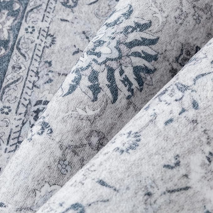 5x7 Area Rug Blue Washable Vintage Carpet Living Room Bedroom Non Slip Stain Soft Resistant Low Pile Thin Boho Accent Indoor Throw Rug for Dining Room Office