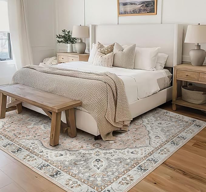 5x7 Area Rugs for Living Room,Stain Resistant Washable Rug,Non-Slip Backing Rugs for Bedroom,Kitchen,Printed Vintage Home Decor Rug (Peach/Gray, 5'x7')