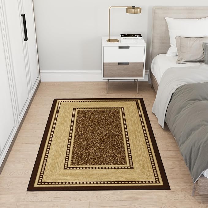 Ottomanson 3'3" x 5' Rugs for Living Room Border Area Rug for Bedroom - Non Slip Durable Large Floor Carpet for High Traffic Areas - Indoor Rug for Dining Room Kitchen Kids Playroom, Brown