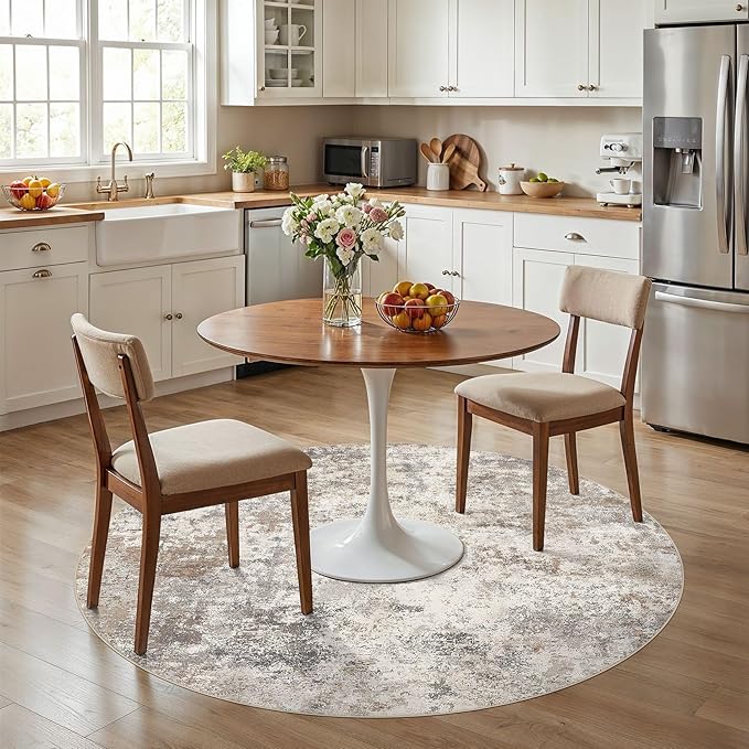 6ft Round Area Rug Living Room Rugs - 6x6 Washable Neutral Modern Abstract Soft Thin Rug Indoor Floor No Slip Rug Carpet for Bedroom Under Dining Table Home Office Decor - Brown Grey