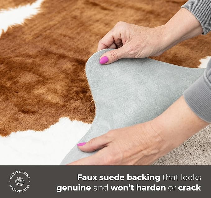 NativeSkins Faux Cowhide Rug ??Hawthorn Brown (Large) | 4'7" x 6'7" | Cow Print | Western Bedroom Decor | Hand-Cut, Faux Suede No-Slip Backing | Western Rug | Animal Print | Cow Hide