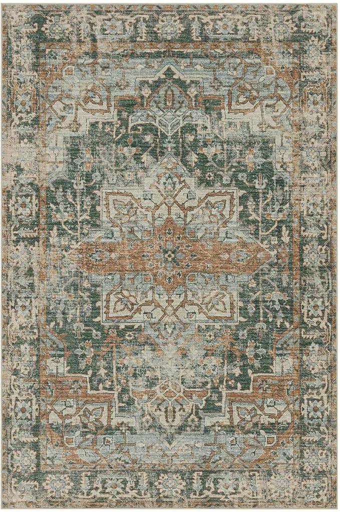 10x14 Area Rugs for Living Room Bedroom, Large Washable Rug, Green Vintage Retro Boho Rug, Non Slip & Low Pile Faux Wool Thin Carpet for Indoor Dining Room and Kids Room(Green/Brown 10x14ft)