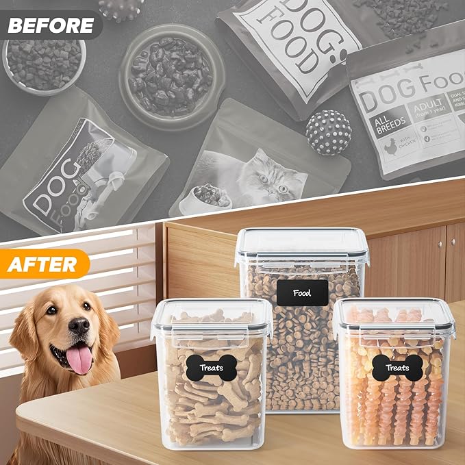 Dog Treat Storage Container Airtight for Countertop, Dog Treat Jar with Lid for Food Storage Organizer, 3 Pack Pet Food Holder for Kitchen with Scoops, Gift for Pet Owners