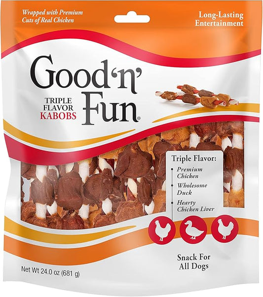 Good ‘n’ Fun Triple Flavor Kabobs Chews for All Dogs, 24 Ounces, Treat Your Dog, Made from Beef Hide, Real Chicken, Pork Hide, Duck and Chicken Liver