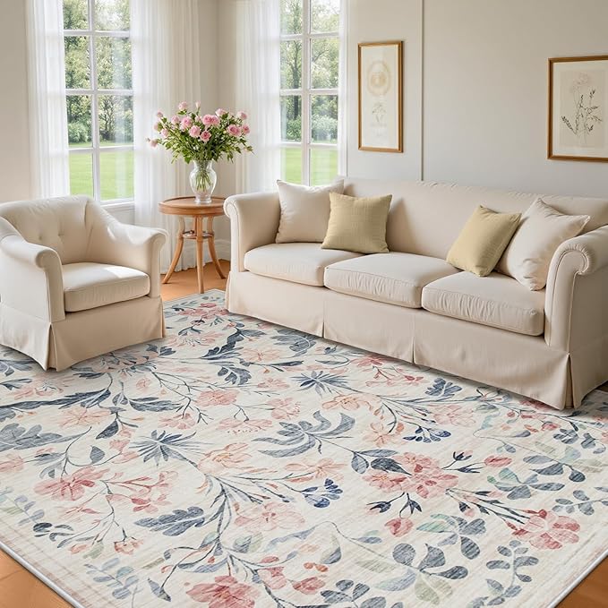 8x10 Area Rugs Washable Rug: Lagre Boho Living Room Rug Soft Non-Slip Thin Carpet Indoor Floor Non-Shedding Neutral Floral Carpets for Bedroom Dining Room Farmhouse Nursery Multi