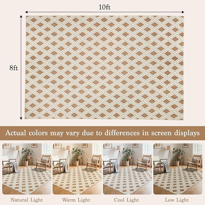 LBRO2M Checkered Rug 8X10 for Living Room Washable Rugs for Bedroom Office Non Slip Modern Area Rugs Easy Clean, Soft, Stain Resistant Carpet Low Piles Great for Pets and Family (8'X10' Brown)